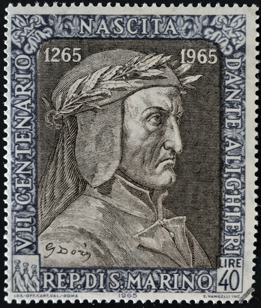 SAN MARINO - CIRCA 1965: A stamp printed in San Marino dedicated to Anniversary of Birth of Dante, circa 1965のeditorial素材