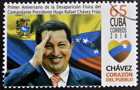 CUBA - CIRCA 2014: A stamp printed in Cuba shows Hugo Rafael Chavez (1954-2013), President of Venezuela, circa 2014のeditorial素材