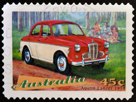 AUSTRALIA - CIRCA 1997: a stamp printed in Australia shows Austin Lancer, Classic Car from 1958, circa 1997のeditorial素材