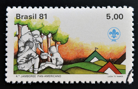 BRAZIL - CIRCA 1981: Stamp printed in Brazil dedicated to scout boys, circa 1981のeditorial素材