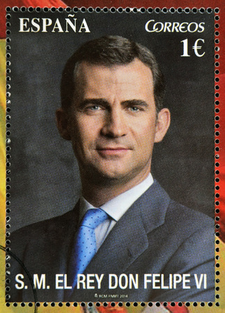 SPAIN - CIRCA 2014: A stamp printed in Spain shows the king of spain, Felipe VI, circa 2014のeditorial素材