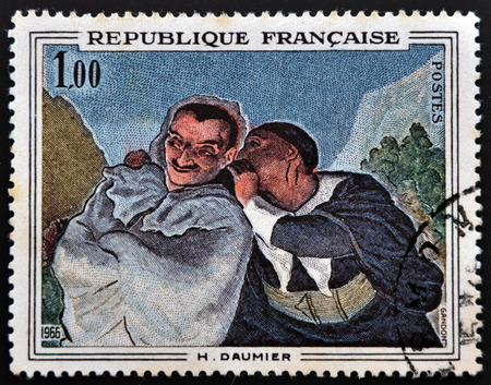 FRANCE - CIRCA 1966: A stamp printed in France shows "Crispin and Scapin" by Honore Daumier, circa 1966のeditorial素材