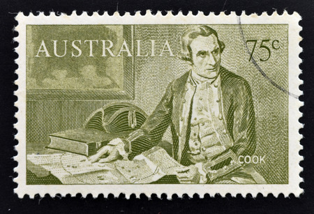 AUSTRALIA - CIRCA 1963: A stamp printed in Australia shows Captain James Cook (1728-1779), circa 1963の写真素材