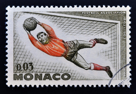 MONACO - CIRCA 1963: A stamp printed in Monaco dedicated to soccer, circa 1963の写真素材