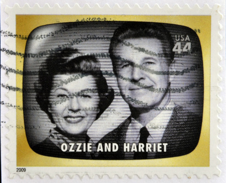 UNITED STATES OF AMERICA - CIRCA 2009: A stamp printed in USA Celebrates Classic TV shows Ozzie and Harriet, circa 2009の写真素材