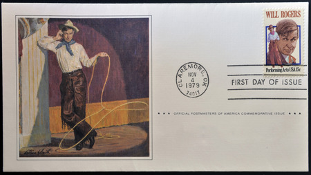 UNITED STATES OF AMERICA - CIRCA 1979: A stamp printed by USA shows image portrait of William Penn Adair "Will" Rogers, circa 1979の写真素材