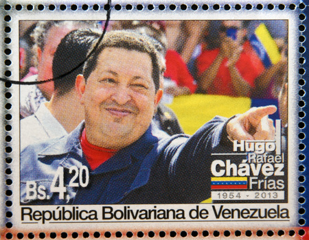 BOLIVARIAN REPUBLIC OF VENEZUELA - CIRCA 2013: A stamp printed in Venezuela shows Hugo Rafael Chavez...