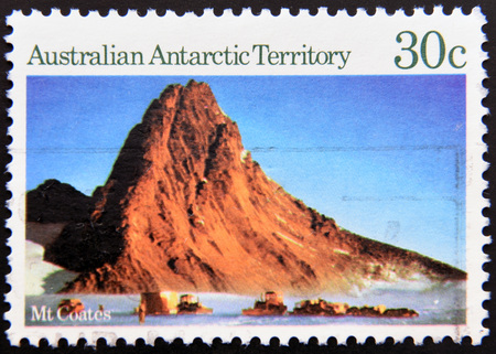 AUSTRALIA - CIRCA 1984: a stamp printed in the Australian Antarctic Territory shows Dog Team, Mt...