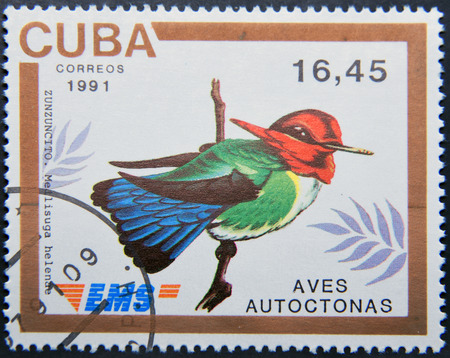 CUBA - CIRCA 1991: A stamp printed in Cuba dedicated to native birds, shows zunzuncito (Mellisuga helenae), circa 1991のeditorial素材