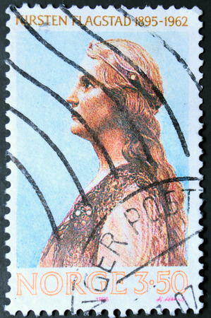 GRANADA, SPAIN - NOVEMBER 15, 2015:   a stamp printed in the Norway shows Kirsten Malfrid Flagstad, Norwegian Opera Singer and a Highly Regarded Wagnerian Soprano, 1995のeditorial素材