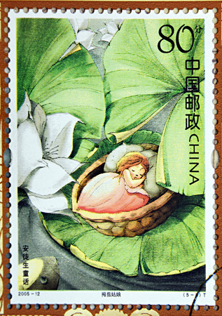 GRANADA, SPAIN - DECEMBER 1, 2015: A stamp printed in Chica dedicated to Andersenâs Fairy Tales, shows Thumbelina, 2005のeditorial素材
