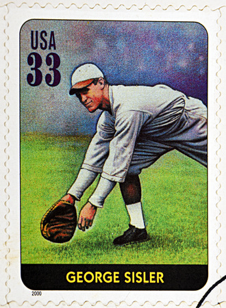 GRANADA, SPAIN - DECEMBER 1, 2015: A stamp printed in USA dedicated to Legends of Baseball shows George Sisler, 2000のeditorial素材