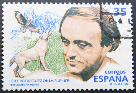 SPAIN - CIRCA 1998: A postage stamp of spain shows Felix Rodriguez de La Fuente, Spanish naturalist and broadcasterのeditorial素材