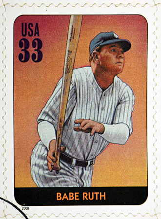GRANADA, SPAIN - DECEMBER 1, 2015: A stamp printed in USA dedicated to Legends of Baseball shows Babe Ruth, 2000のeditorial素材