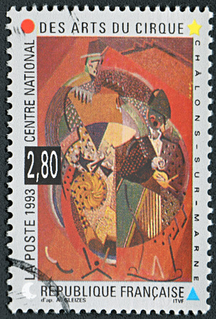 GRANADA, SPAIN - NOVEMBER 30, 2015: A stamp printed in France shows abstract image on circus theme, National Art Circus, 1993のeditorial素材