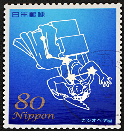 GRANADA, SPAIN - NOVEMBER 30, 2015: A stamp printed in Japan shows Cassiopeia constellation, 2012のeditorial素材