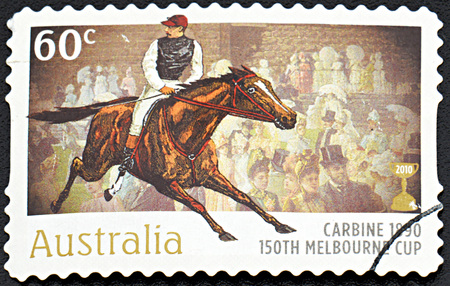 GRANADA, SPAIN - NOVEMBER 30, 2015: A Stamp printed in Australia shows the Carbine, 1890 Winner, 150th Melbourne Cup issue, 2010のeditorial素材