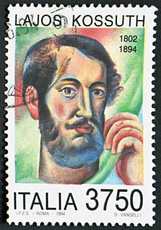 GRANADA, SPAIN - NOVEMBER 30, 2015: A stamp printed in Italy shows Lajos Kossuth, 1994のeditorial素材