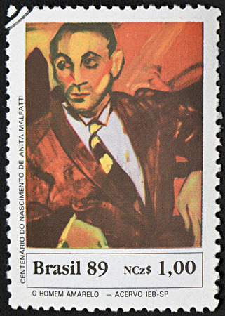 GRANADA, SPAIN - NOVEMBER 30, 2015: a stamp printed in Brazil shows Yellow Man by Anita Malfatti, 1989のeditorial素材