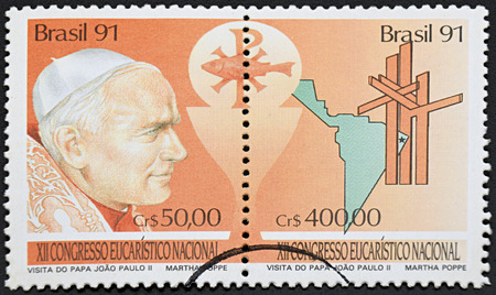 GRANADA, SPAIN - NOVEMBER 30, 2015: a stamp printed in Brazil showing an image of pope John Paul II, 1991.のeditorial素材