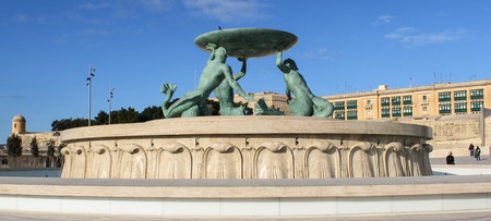 Valletta, Malta, 31. january 2018, The Triton Fountain at the City Gate entrance to Valletta on Malta in winterのeditorial素材