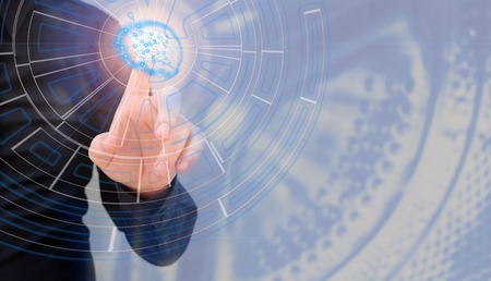 Man touching glowing poligonal brain with tip of the finger, virtual riality, artifical intelligence...