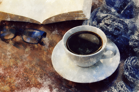 coffee break time - watercolour digitaly created table with coffee, scarf, book, reading glasses - winter break conceptの写真素材