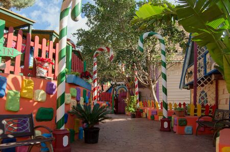 Mellieha, Malta, 30 december 2018 - Colorfull candy city for children in Popeye village movie set post office house entrance and candyes Anchor bayのeditorial素材