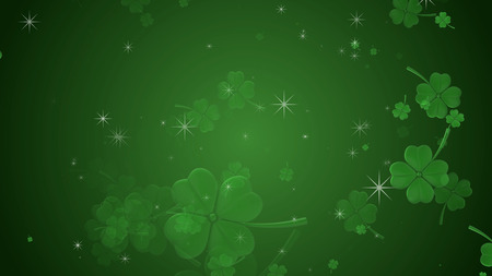 St Patricks day illustration, clover leafs rotating on the green background with sparklesの写真素材