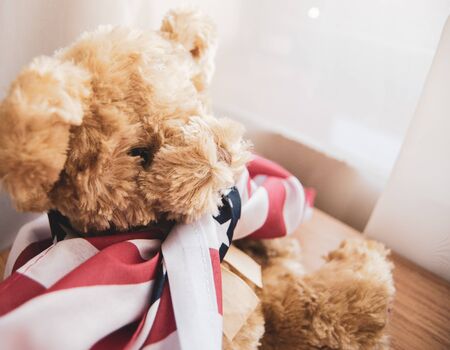 little teddy bear with USA flag - happy memorial dayの写真素材