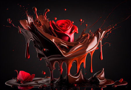 chocolate splash with red rose . Love and romance concept. Anniversary and valentines day background. High quality photoの素材