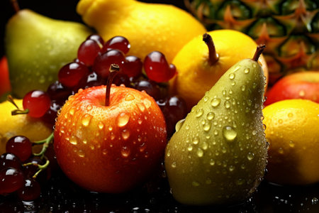 different fruit covered in drops of water.Healthy eating concept. Detox. High quality photoの素材