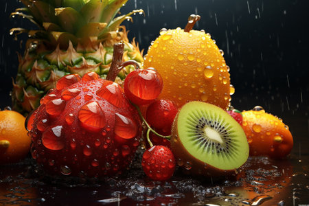 different fruit covered in drops of water.Healthy eating concept. Detox. High quality photoの素材