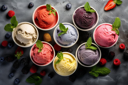 Various of ice cream flavor whit fresh blueberry, strawberry, kiwi, lemon, vanilla setup on rustic background . Summer and Sweet cold ice cream. High quality photoの素材