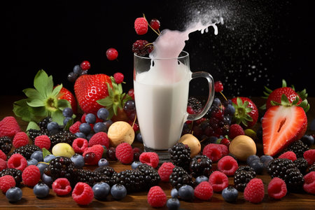 Forest berries with milk splash isolated on black background. High quality photoの素材