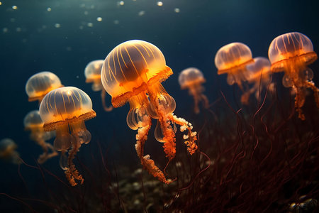 Common jellyfish in aquarium lit by blue light. High quality photoの素材