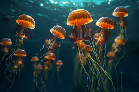 Common jellyfish in aquarium lit by blue light. High quality photoの素材