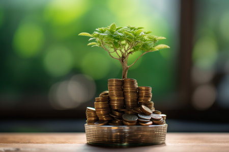 ESG concept of environmental, social, and governance.ESG small tree on stack coins idea for esg investment sustainable organizational development. account the environment. High quality photoの素材
