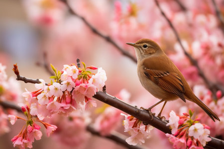 Nightingale hopping on pink cherry blossom tree. High quality photoの素材