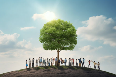 Environmental cooperation. Unity of businesspeople and community together plant trees for sustainable development goals. Future environmental conservation and sustainable ESG modernization development. High quality photoの素材