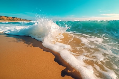Beautiful tropical wave rolling on the sandy beach on a sunny summer day. High quality photoの素材