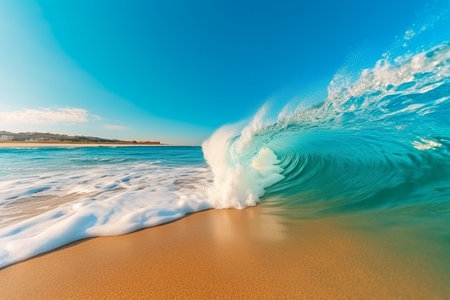 Beautiful tropical wave rolling on the sandy beach on a sunny summer day. High quality photoの素材