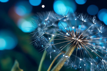 beautiful shiny dew water drops on a dandelion seed, macro photography, selective focus. High quality photoの素材