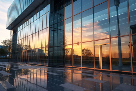 Reflective skyscrapers, business office buildings. Low angle photography of glass curtain wall details of high-rise buildings.The window glass reflects the blue sky and white clouds. High quality photoの素材