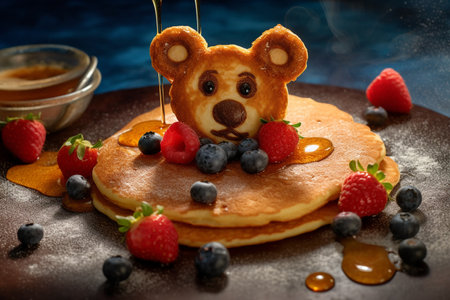 Creative kids meals. Childrens breakfast pancakes smiling face of the teddy bear strawberry blueberry , cute food, honey. High quality photo . High quality photoの素材