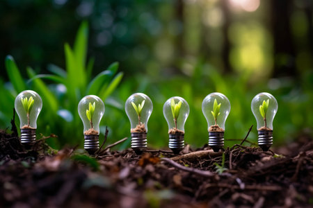 Energy saving concept, plants growing in the light bulbs in the forest. Idea of renewable energy and energy saving. Energy saving light bulb on nature background. Environmental protection, renewable, sustainable energy sources. High quality photoの素材