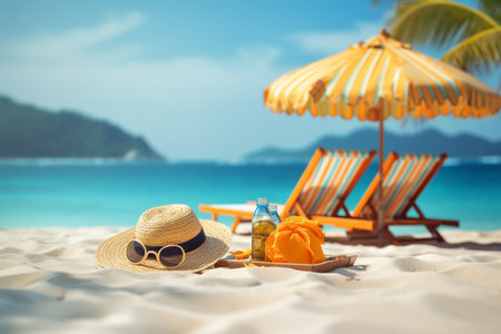 Tropical beach background with sunbathing accessories on a sunny summer day. Vacation planning. High quality photoの素材