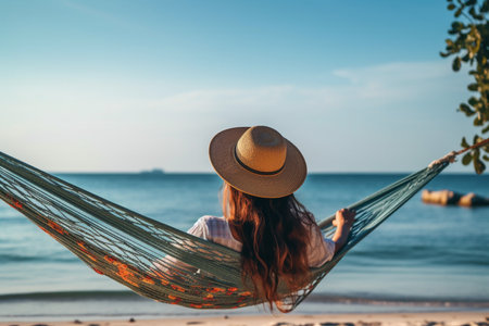Back view of a young woman in a hammock on a tropical sandy beach during the sunset. High quality photoの素材