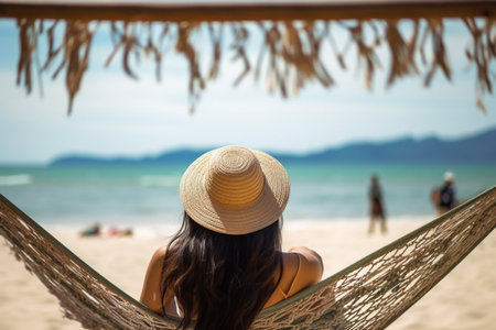 Back view of a young woman in a hammock on a tropical sandy beach during the sunset. High quality photoの素材
