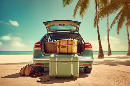 Travel vacation concept. A car with luggage on a sandy tropical beach. High quality photoの素材